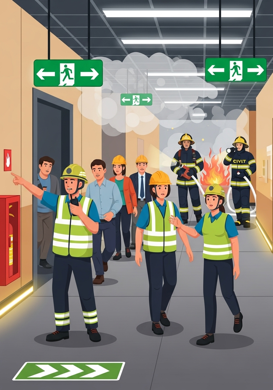 Sinalização de saída de emergência com chamas ao fundo